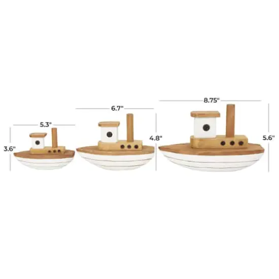 Brown & White Handmade Wood Boat Sculpture Set {4}