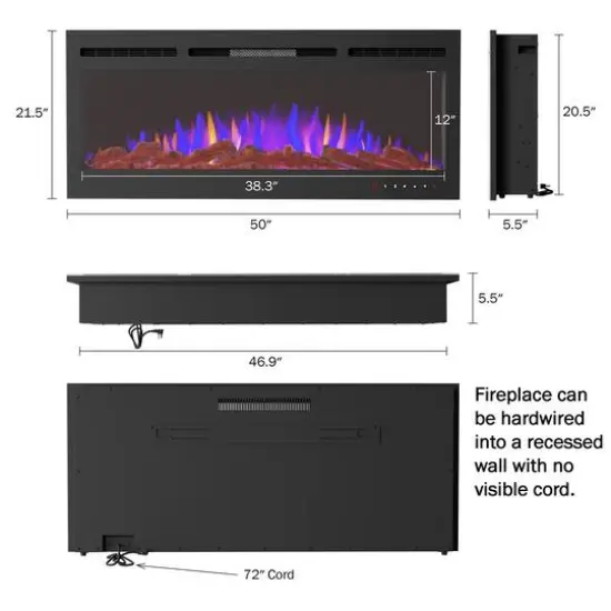Hastings Home 50" Black Wall Recessed Electric Fireplace {4}
