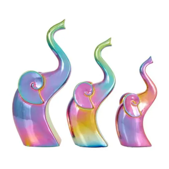 Multicolor Ceramic Elephant Sculpture Set with Rainbow Shimmer Finish {7}