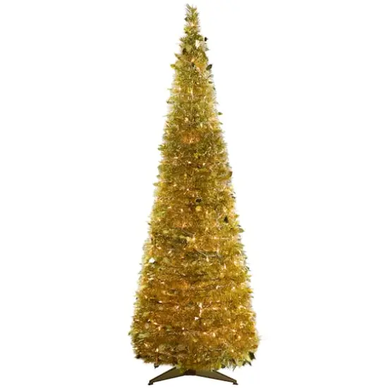 6ft. Pre-Lit Gold Tinsel Pop-Up Artificial Christmas Tree, Clear Lights {1}
