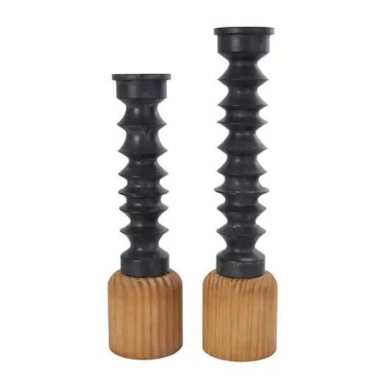 Black Metal Turned Style Pillar Candle Holder with Brown Wood Bases Set {1}