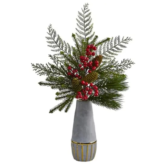 24" Mixed Pine, Pinecone & Berry Arrangement in Stoneware Vase {1}