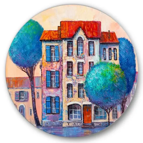 Designart - House With Red Roof and Colorful Autumn Trees - Modern Metal Circle Wall Art {1}