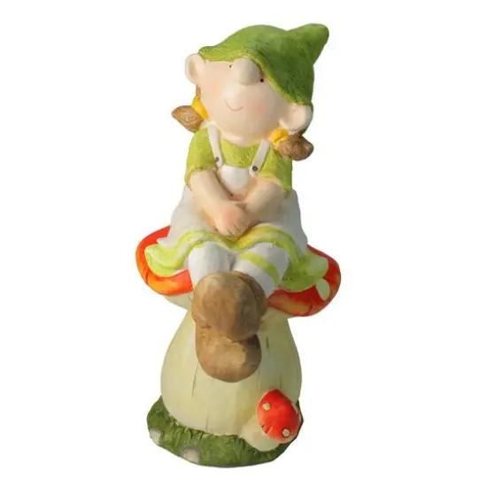 19.25" Young Girl Gnome Sitting on a Mushroom Spring Outdoor Garden Figure {1}