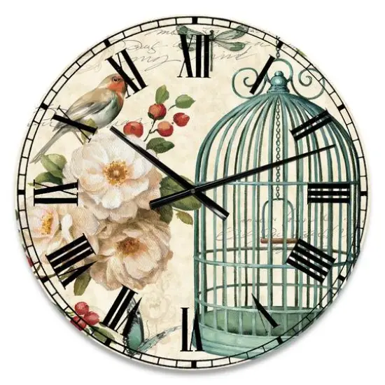Designart Blue Cottage Bird, Birdcage & Apple Blossoms II Wall Clock {1}