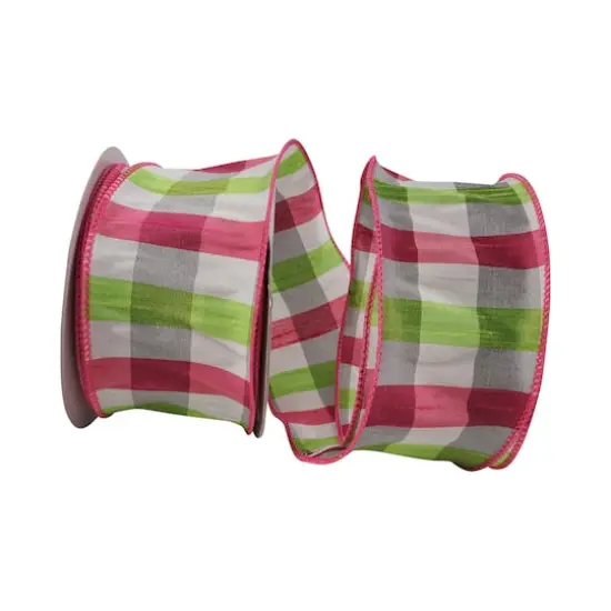 JAM Paper 2.5" x 10yd. Fuchsia & Lime Check Wired Dupioni Ribbon {1}