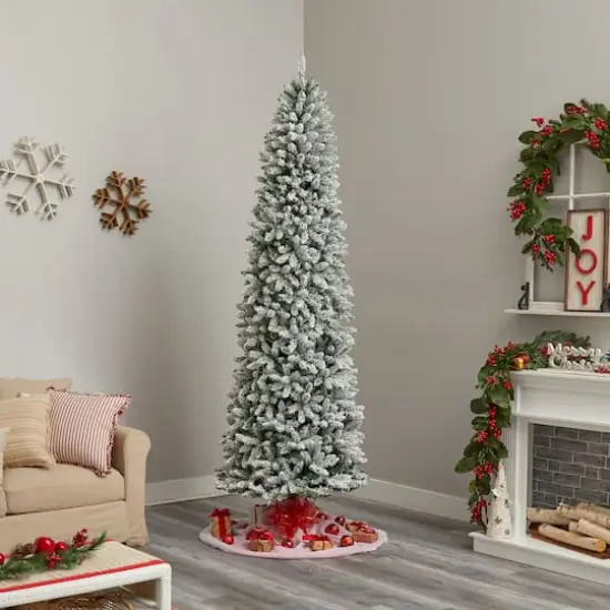 9ft. Pre-Lit Slim Flocked Montreal Fir Artificial Christmas Tree, White LED Lights {11}