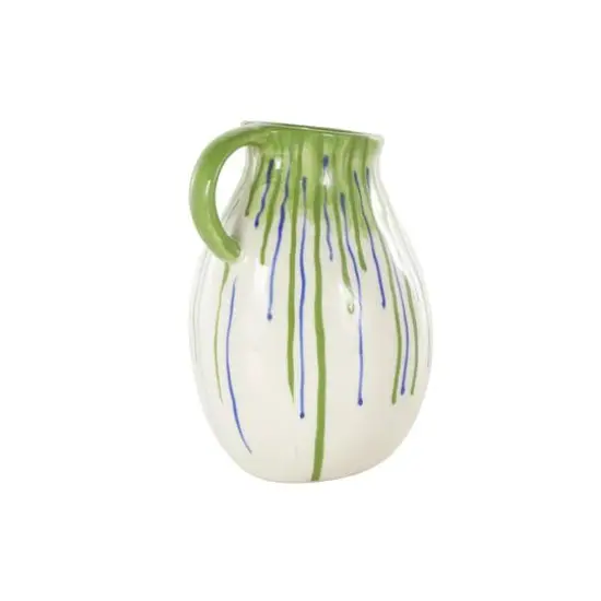 11" White, Green & Blue Drip Design Ceramic Vase with Handle {7}