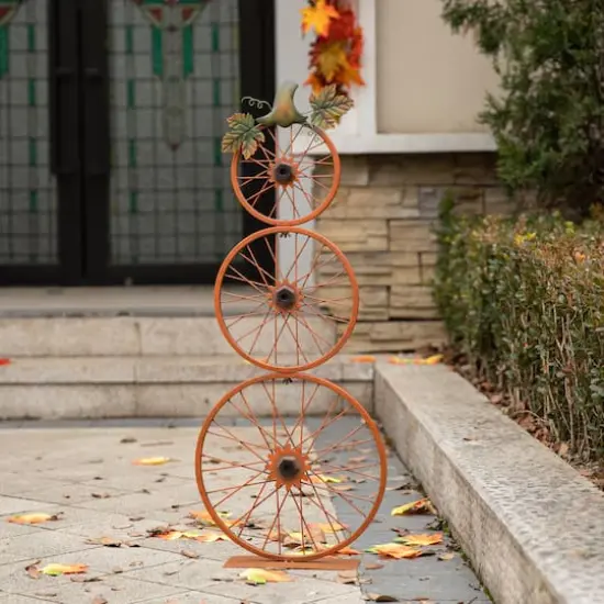 Glitzhome&reg; 33.25" Fall Metal Bicycle Wheel Pumpkin Porch D&eacute;cor {3}