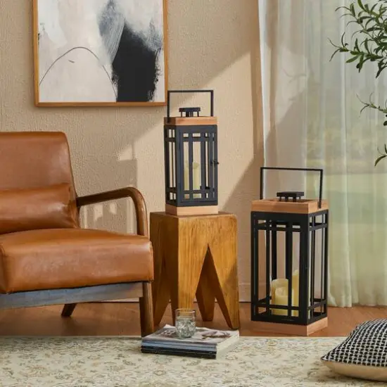Glitzhome&reg; Black Modern Square Metal & Wood Lanterns Set {6}