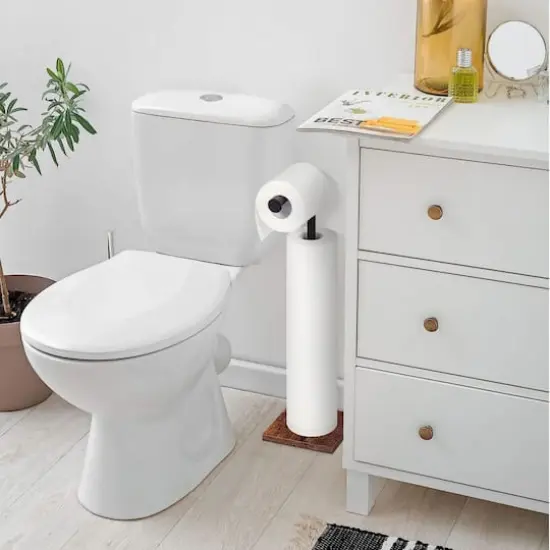 NEX™ 21" Black Freestanding Metal Toilet Paper Holder with Square Woodgrain Base {6}