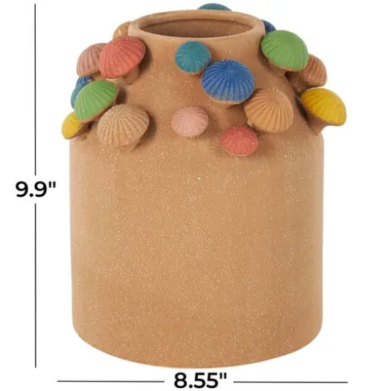 10" Brown with Multicolor Mushrooms & White Speckles Wide Ceramic Decorative Vase {6}