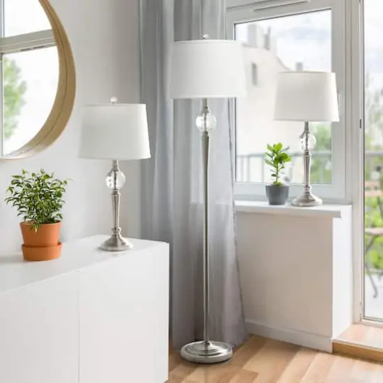 Lalia Home Brushed Nickel Crystal Drop Table and Floor Lamp Set {5}