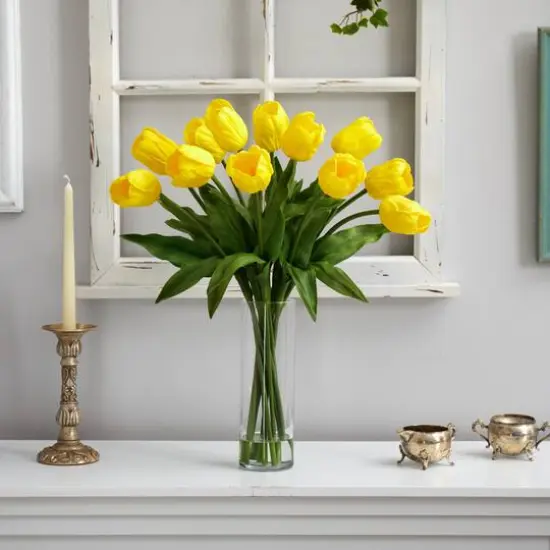 23" Artificial Tulip Arrangement with Cylinder Glass Vase Yellow {4}