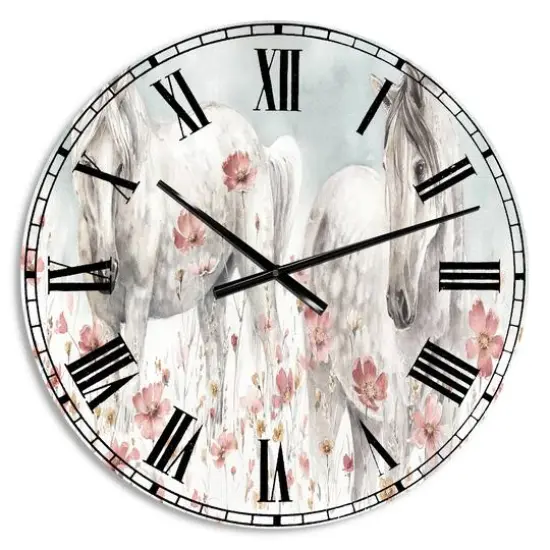 Designart 'Watercolors Pink Wild Horses Traditional Wall Clock {1}