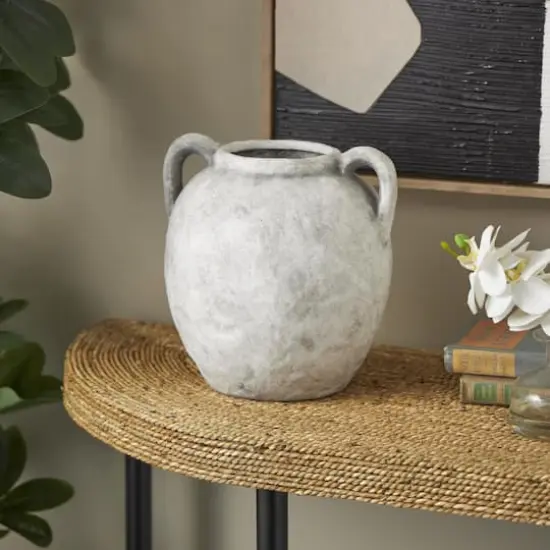 10.5" White Ceramic Antique Style Textured Vase with Black Shadings & Handles {9}
