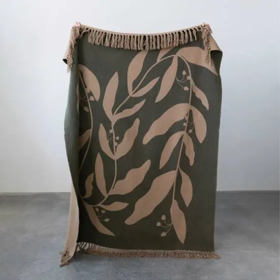 Hello Honey® Recycled Cotton Blend Printed Throw Blanket with Fringe, Green and Tan {4}