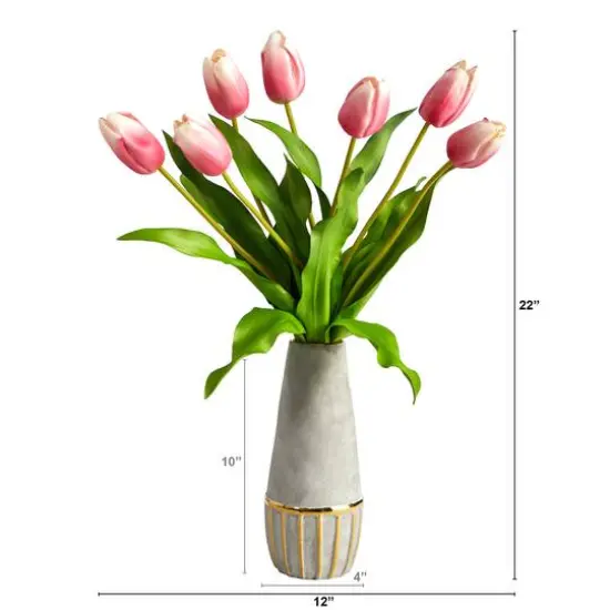 22" Mauve Dutch Tulip Arrangement in Gold Trim Stoneware Vase {3}