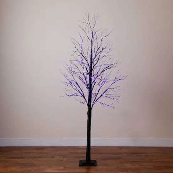 7ft. Pre-Lit Halloween Black Twig Artificial Tree with 390 Orange & Purple LED Lights {10}