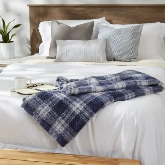 DII&reg; French Blue Farmhouse Plush Plaid Throw {5}