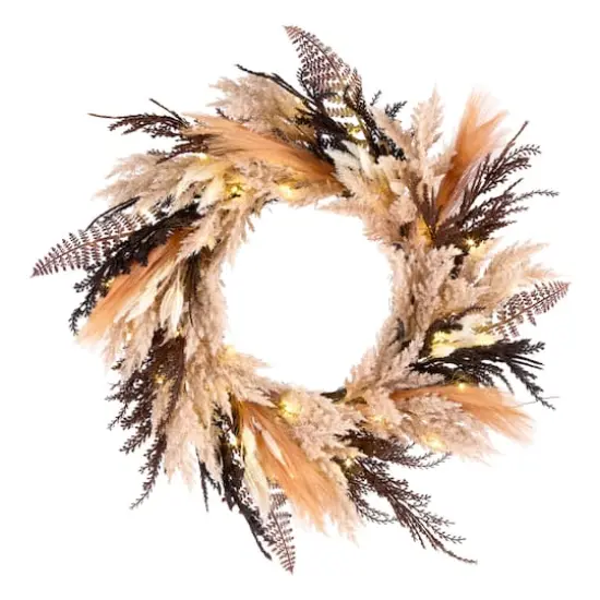 26" Coral Orange & Brown Pampas Pre-Lit LED Wreath {1}