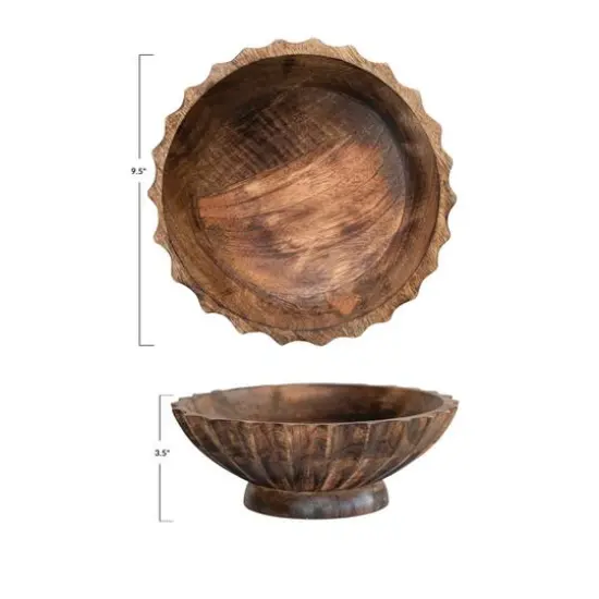Hello Honey&reg; 9.5" Burnt Finish Hand-Carved Mango Wood Footed Bowl with Scalloped Edge {4}