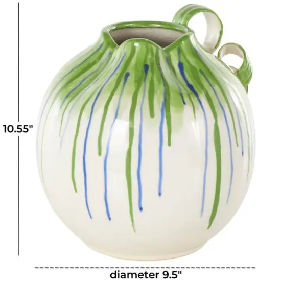 10.5" White Ceramic Vase with Green & Blue Drip Design & Handles {8}