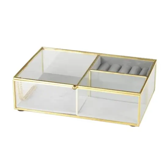9" x 6" x 3" Clear & Gold Glass & Metal Jewelry Box with Chain Accent & Fabric Ring Slots {4}