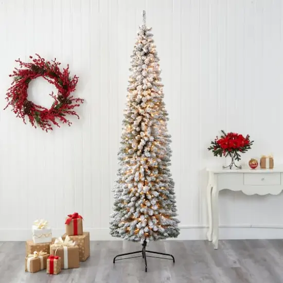 8ft. Pre-Lit Flocked Pencil Artificial Christmas Tree with Clear LED Lights {6}