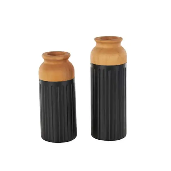 Black Metal Color Block Decorative Vase with Rounded Linear Grooves & Brown Wood Tops, 2ct. {1}