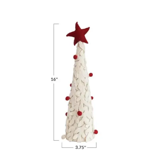 Hello Honey&reg; 16" Red & Cream Handmade Wool Felt Applique Tree with Star & Pom Poms {4}