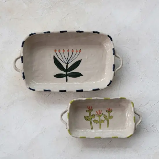 Hello Honey 12-Ounce Hand-Painted Stoneware Organic Shaped Baker with Handles and Flower, Multicolor {3}