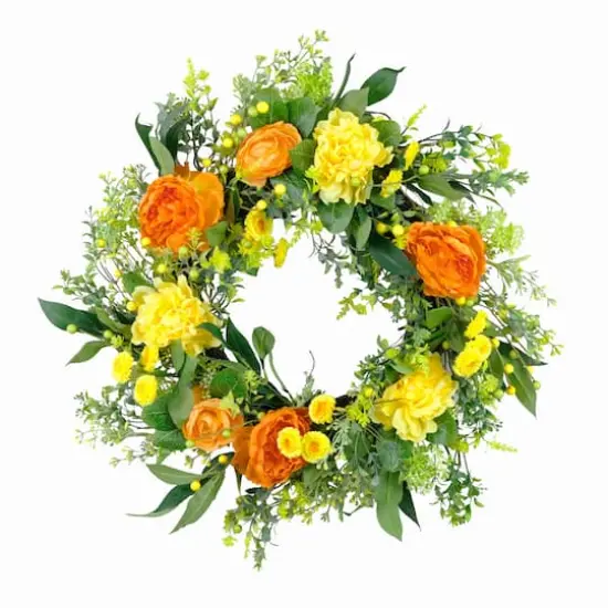 24" Orange & Yellow Spring Peony Floral Wreath {1}