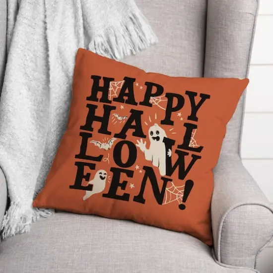 Happy Halloween Orange Throw Pillow {4}