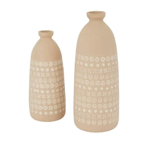 Set of 2 Beige Stoneware Rustic Vases, 15" x 5" x 5" {3}