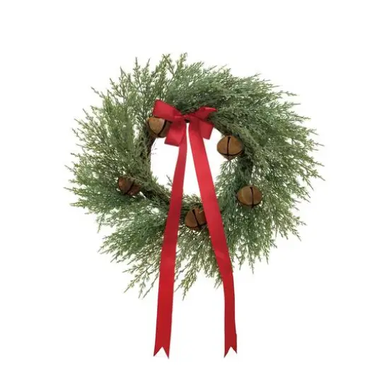 Hello Honey&reg; 24" Round Mixed Pine Wreath with Red Ribbon & Rust Finish Metal Bells {1}