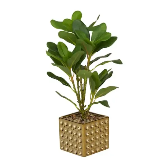 15" Glam Style Evergreen Artificial Foliage in Gold Porcelain Pot {3}