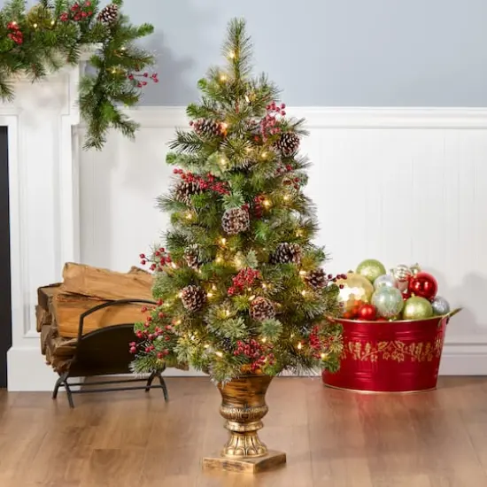 4ft. Pre-Lit Pine Iced Berry Pine Entrance Tree in Gold Urn, Clear Lights {3}