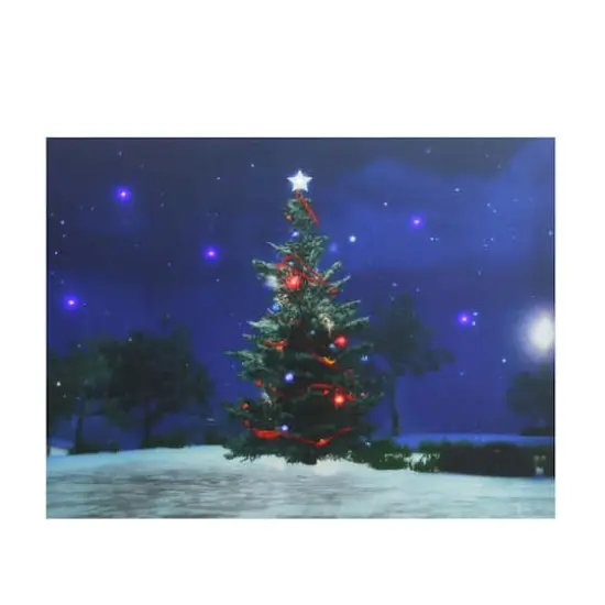 LED Lighted Decorated Christmas Tree At Night With Stars Canvas Wall Art {1}