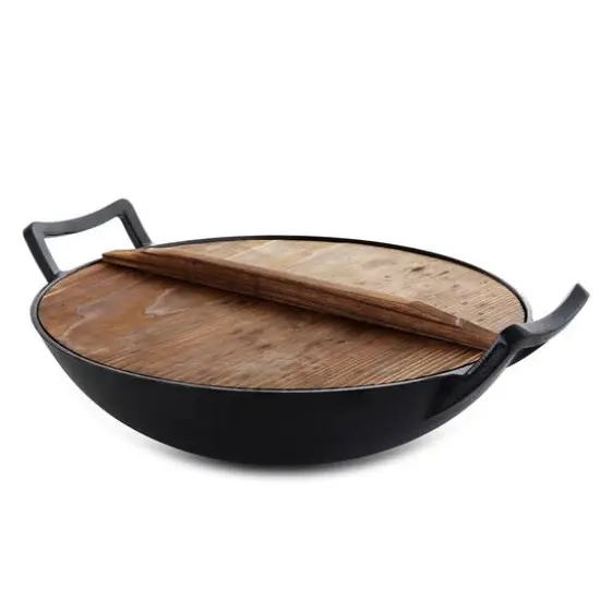 MegaChef 14" Heavy Duty Cast Iron Wok With Wood Lid Set {9}