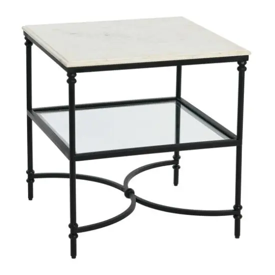 Hello Honey&reg; 25" Libertine Genuine Marble and Metal End Table with Glass Storage Shelf Black Finish {2}