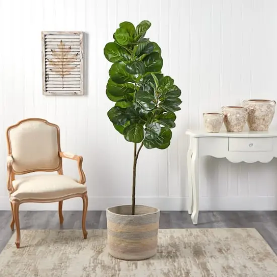 5.5ft. Fiddle Leaf Fig Artificial Tree in Handmade Natural Cotton Multicolored Woven Planter {4}