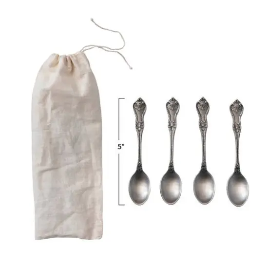 Hello Honey&reg; Antique Silver Vintage Embossed Brass Spoons in Drawstring Bag {3}