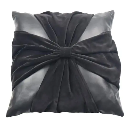 16" Black Faux Leather & Velvet Bow Throw Pillow by Ashland&reg; {1}
