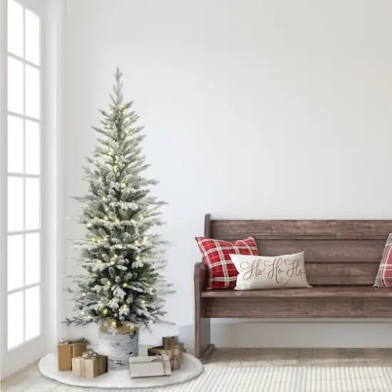 6ft. Pre-Lit Flocked Arctic Fir Pencil Artificial Christmas Tree, Warm White LED Lights {3}
