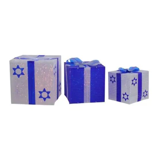White & Blue Lighted Hanukkah Gift Box Decoration Set {1}