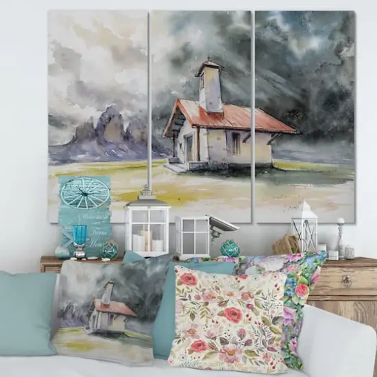 Designart - Rustic House On Mountain Top During Storm - Country Canvas Wall Art Print {3}