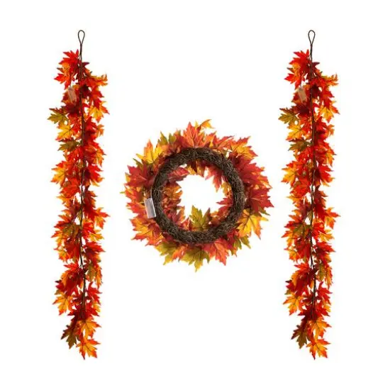 Glitzhome&reg; Lighted Fall Maple Leaves Garland & Wreath Set {7}