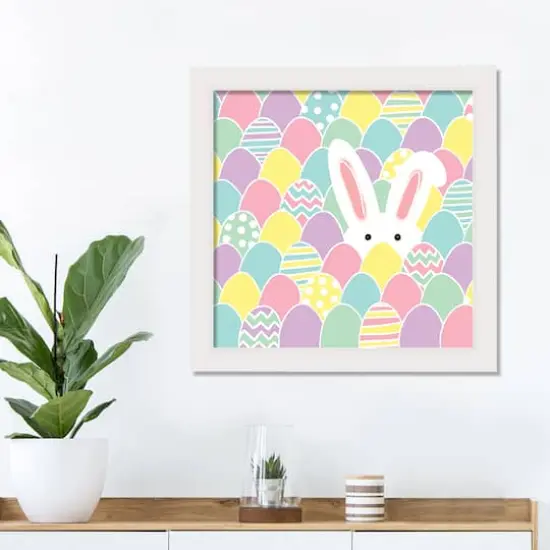 Pastel Bunny Hiding 16" x 16" White Framed Print Under Plexiglass {3}