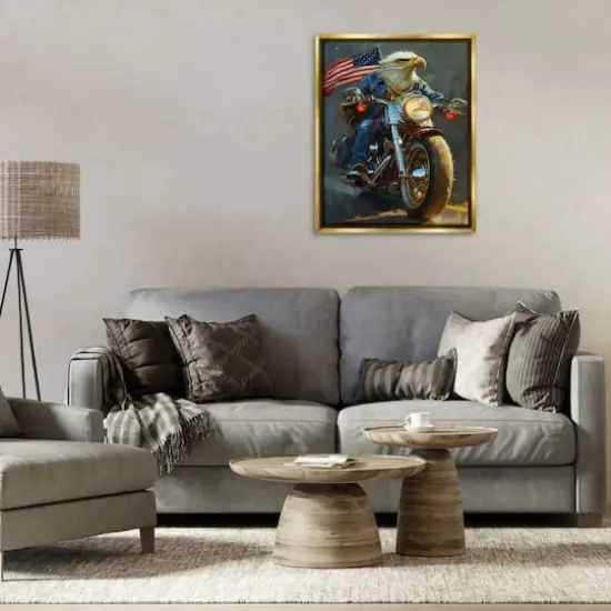 Stupell Industries Patriotic Eagle Motorcycle Floater Framed Art Gold {3}